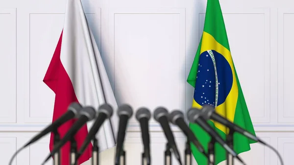 Флаги Польши и Бразилии на международной встрече или конференции. 3D рендеринг — стоковое фото