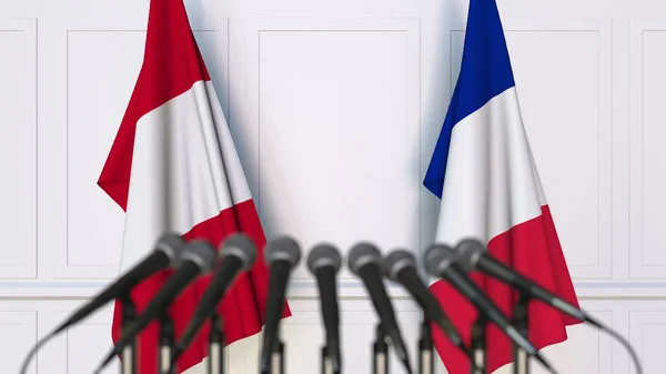 Flagi z Peru i Francji na międzynarodowe spotkania lub konferencji. renderowania 3D — Zdjęcie stockowe