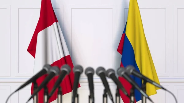 Σημαίες του Περού και την Κολομβία στο διεθνή σύσκεψη ή διάσκεψη. 3D rendering — Φωτογραφία Αρχείου
