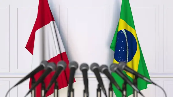 Флаги Перу и Бразилии на международной встрече или конференции. 3D рендеринг — стоковое фото