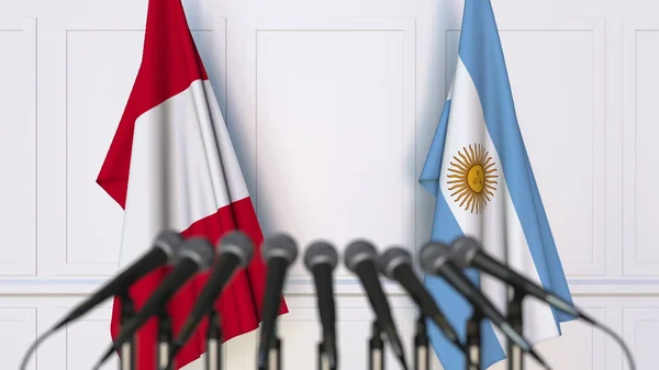 국제 회의 또는 회의에서 페루와 아르헨티나의 플래그입니다. 3 차원 렌더링 — 스톡 사진