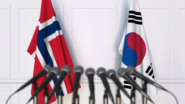 Lijst van vlaggen van Noorwegen en Korea in de internationale vergadering of conferentie. 3D-rendering — Stockfoto