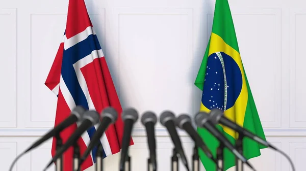 Флаги Норвегии и Бразилии на международной встрече или конференции. 3D рендеринг — стоковое фото