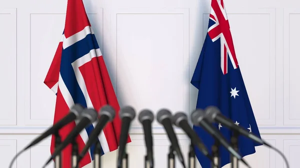 Vlajkami Norska a Austrálie na mezinárodním setkání nebo konference. 3D vykreslování — Stock fotografie