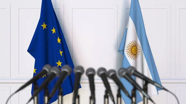 Lijst van vlaggen van de Europese Unie en Argentinië bij internationale vergadering of conferentie. 3D-rendering — Stockfoto