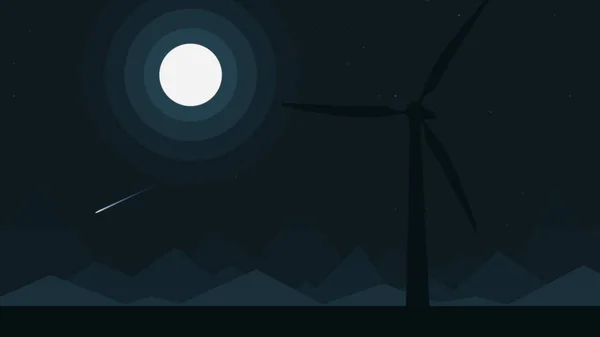Silueta de un generador de viento en la noche de luna llena, ilustración de dibujos animados — Foto de Stock