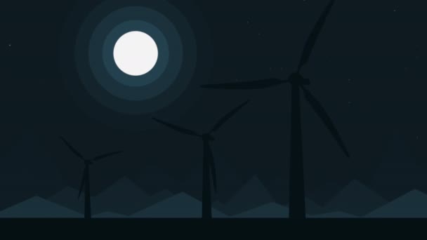 Cartoon silhuetter av tre vindkraftverk på fullmåne natten, loopable rörelse bakgrunden — Stockvideo