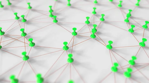 Os pushpins e threads verdes compõem uma rede em uma renderização 3D pinboard — Fotografia de Stock
