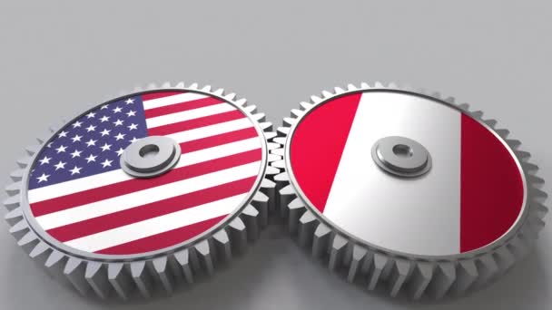 Banderas de los Estados Unidos y Perú en engranajes de malla. Cooperación internacional animación conceptual — Vídeo de stock