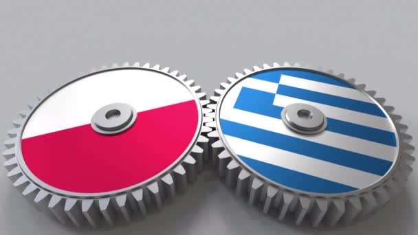 Banderas de Polonia y Grecia en engranajes de malla. Cooperación internacional animación conceptual — Vídeo de stock