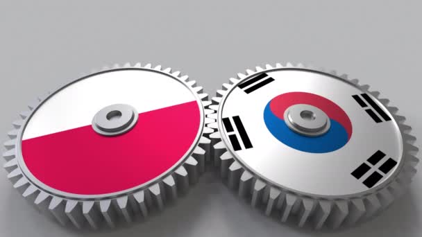 Flags of Poland and Korea on meshing gears. International cooperation conceptual animation — Stock Video