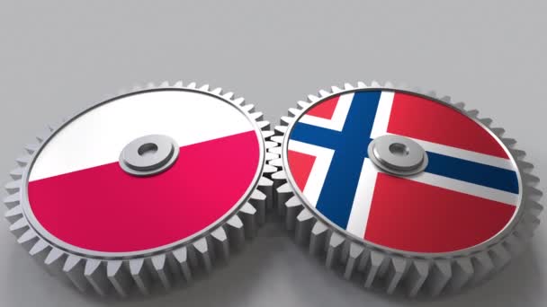 波兰和挪威的旗子在啮合齿轮。国际合作概念动画 — 图库视频影像