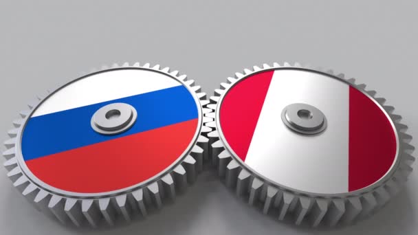 Flags of Russia and Peru on meshing gears. International cooperation conceptual animation — Stock Video