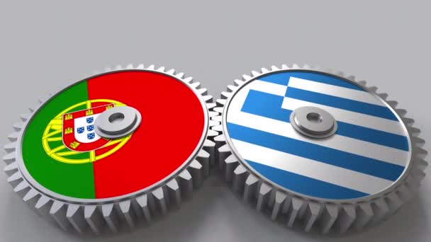 Banderas de Portugal y Grecia en engranajes de malla. Cooperación internacional animación conceptual — Vídeo de stock