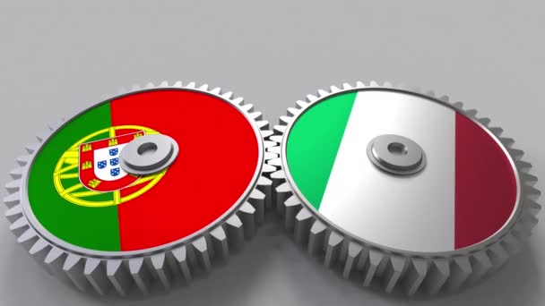 Flags of Portugal and Italy on meshing gears. International cooperation conceptual animation — Stock Video