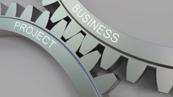BUSINESS PROJECT title on meshing gears. Концептуальная анимация — стоковое видео