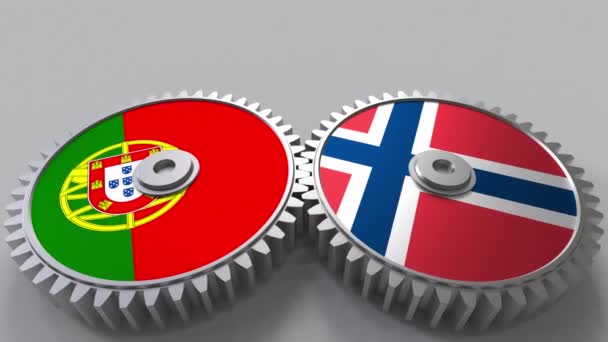 葡萄牙和挪威的旗子在啮合齿轮。国际合作概念动画 — 图库视频影像