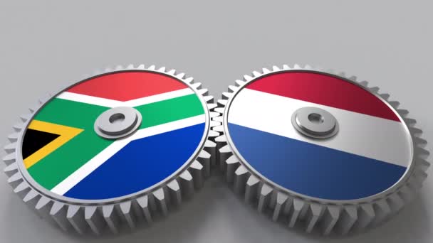 歯車のかみあいに南アフリカ共和国およびネザーランドのフラグです。国際協力の概念のアニメーション — ストック動画