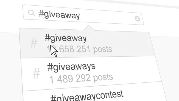 Giveaway hashtag sökning genom sociala medieinlägg. 3D-rendering — Stockfoto