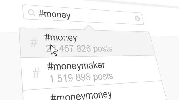 Busca de hashtag de dinheiro através de posts de mídia social. Renderização 3D — Fotografia de Stock