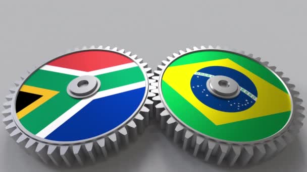 Flags of South Africa and Brazil on meshing gears. International cooperation conceptual animation — Stock Video