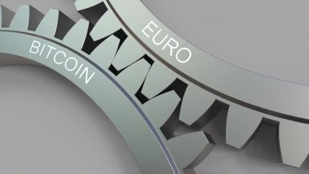 Euro a Bitcoin slova na záběru ozubených kol. Forex koncepční animace — Stock video