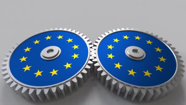 National project. Flags of the European Union EU on moving cogwheels. Conceptual animation — Stock Video