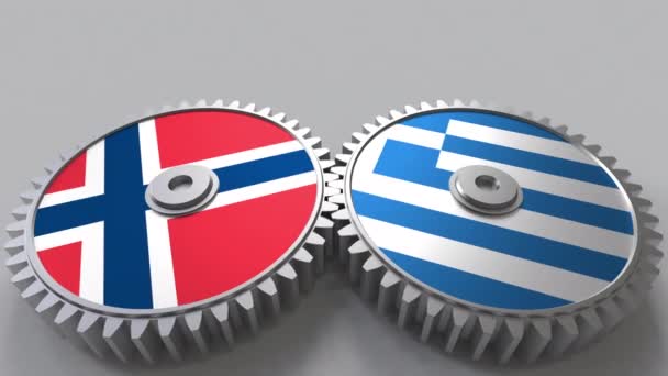 Banderas de Noruega y Grecia en engranajes de malla. Cooperación internacional animación conceptual — Vídeos de Stock