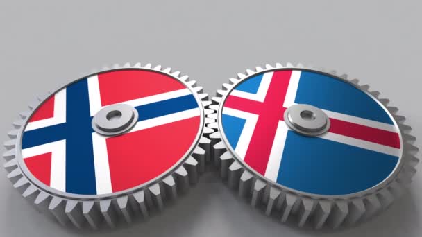 Banderas de Noruega e Islandia en engranajes de malla. Cooperación internacional animación conceptual — Vídeos de Stock