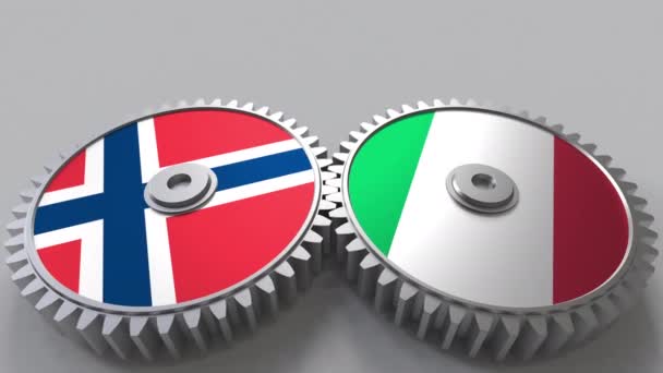 Banderas de Noruega e Italia en engranajes de malla. Cooperación internacional animación conceptual — Vídeos de Stock