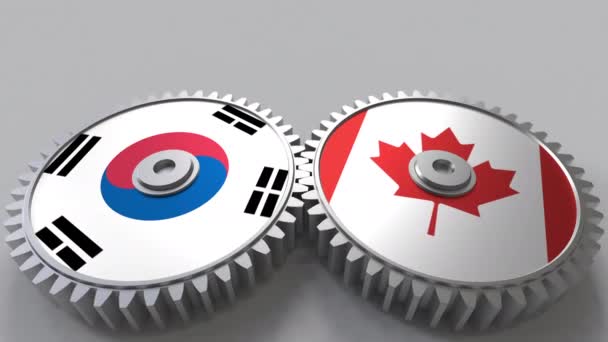 Flags of South Korea and Canada on meshing gears. International cooperation conceptual animation — Stock Video