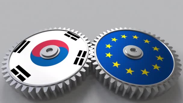 Flaggor av Sydkorea och Europeiska unionen på Meshning gears. Internationellt samarbete konceptuella animation — Stockvideo