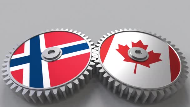 Flags of Norway and Canada on meshing gears. International cooperation conceptual animation — Stock Video