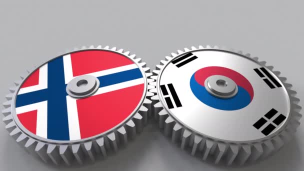 Bandeiras da Noruega e da Coreia em engrenagens de malha. Cooperação internacional animação conceitual — Vídeo de Stock