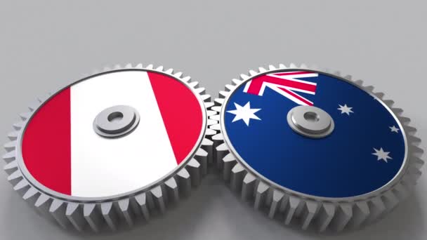 Flags of Peru and Australia on meshing gears. International cooperation conceptual animation — Stock Video