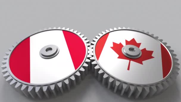 Flags of Peru and Canada on meshing gears. International cooperation conceptual animation — Stock Video