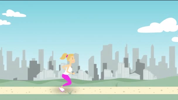 Молода жінка біжить вздовж паркової доріжки проти міського горизонту. Анімація мультфільмів — стокове відео