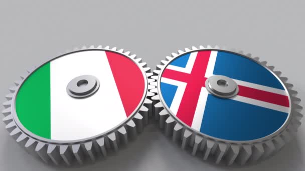 Flags of Italy and Iceland on meshing gears. International cooperation conceptual animation — Stock Video