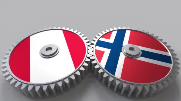 Flaggor i Peru och Norge på Meshning gears. Internationellt samarbete konceptuella animation — Stockvideo