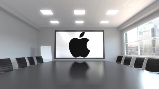 Logo Apple Inc. di layar di ruang rapat. Animasi 3D penyuntingan — Stok Video