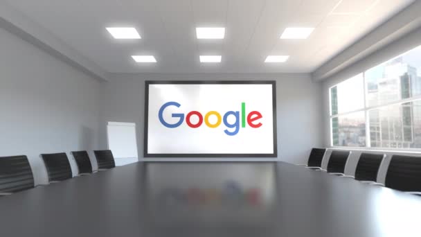 Logo Google na ekranie w sali konferencyjnej. Redakcji animacji 3d — Wideo stockowe