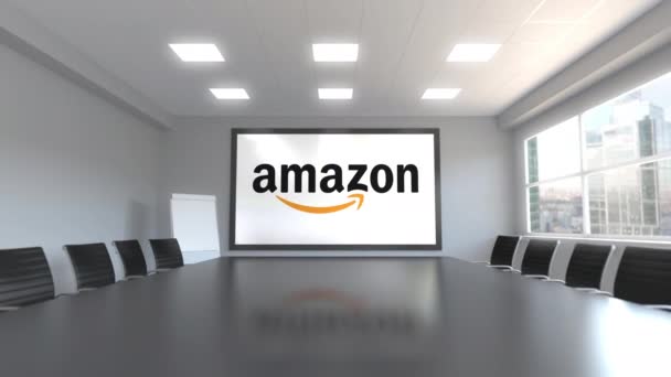 Amazon.com-Logo auf dem Bildschirm in einem Konferenzraum. redaktionelle 3D-Animation — Stockvideo