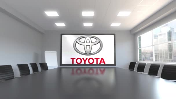 Toyota logo üstünde perde bir toplantı odasında. Editoryal 3d animasyon — Stok video