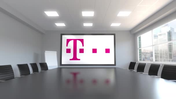 Logo T-Mobile pada layar di ruang rapat. Animasi 3D penyuntingan — Stok Video