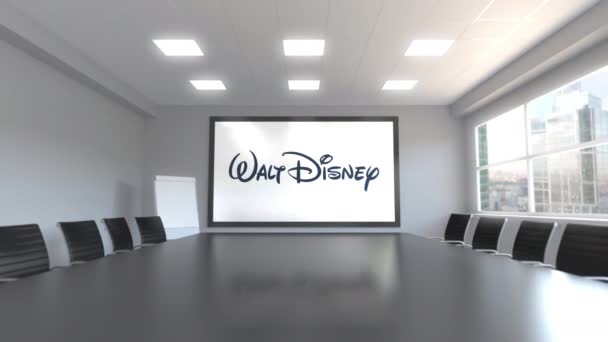 Walt Disney Pictures логотип на екрані у конференц-зал. Редакційна 3d анімація — стокове відео