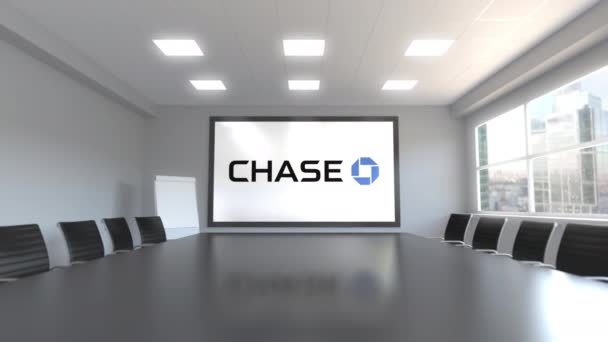 JPMorgan Chase Bank logo na ekranie w sali konferencyjnej. Redakcji animacji 3d — Wideo stockowe