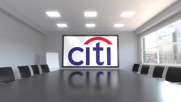 Citigroup-Logo auf dem Bildschirm in einem Besprechungsraum. redaktionelle 3D-Animation — Stockvideo