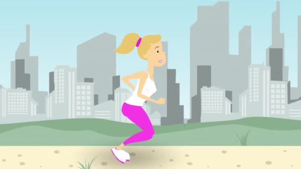 Молодая женщина бежит по парковой дороге в большом городе. Передвижная мультипликация — стоковое видео