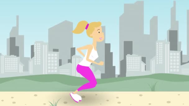 Young woman running along park road in big city. Loopable cartoon animation — Stock Video