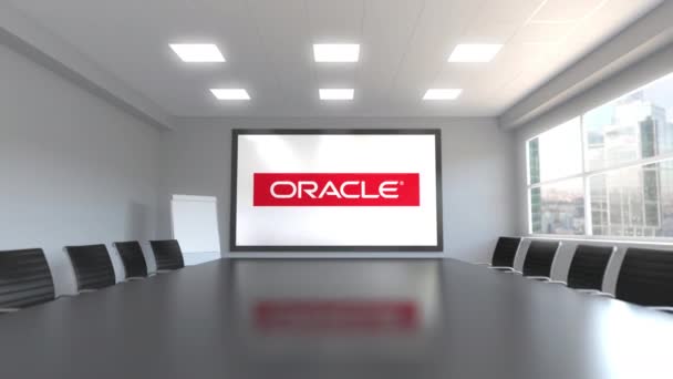 Oracle Corporation το λογότυπο στην οθόνη σε μια αίθουσα συσκέψεων. Συντακτική 3d animation — Αρχείο Βίντεο